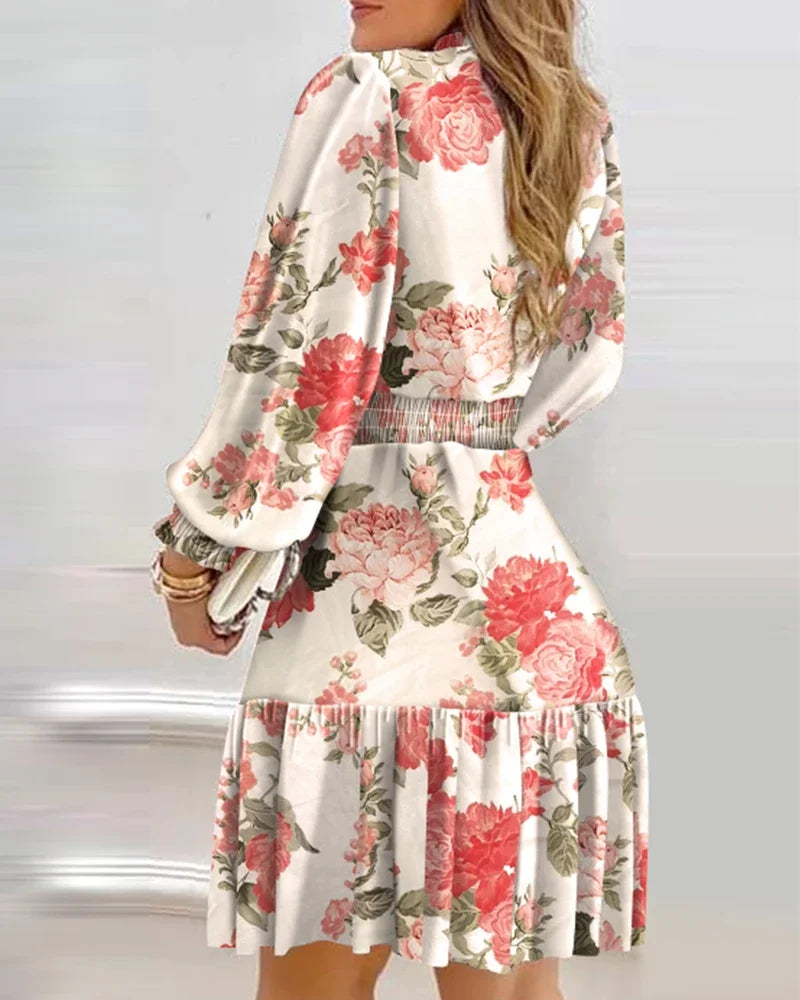 Autumn Women Floral Print Shirred Ruffle Dress – Perfect for Every Occasion!