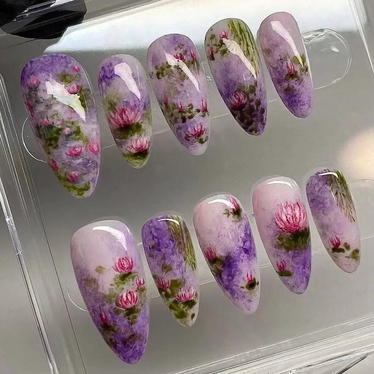 🌸 24pcs Pink Almond Press-On Nails – Sweet Summer Floral with Pearls