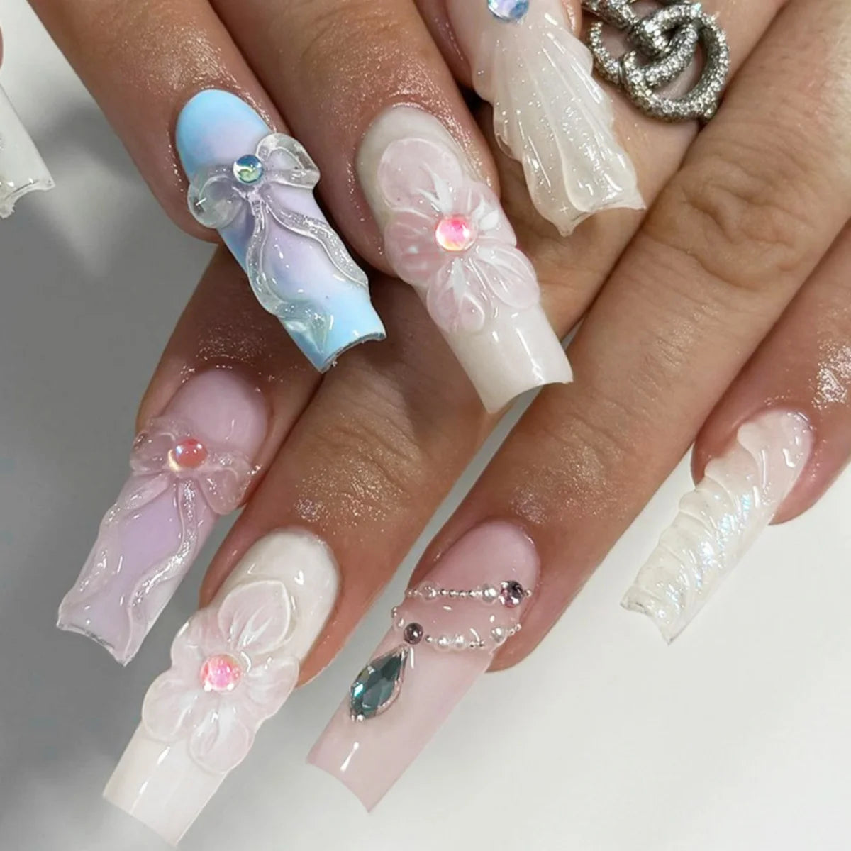 🐻 24pcs Extra Long Square Press-On Nails – 3D Bear & Bow with White French Tips