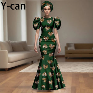 💃 African Party Dress for Women – Puff Sleeve Mermaid Dress with Headwrap (2525142)