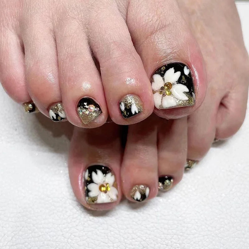 🦋 24pcs Butterfly Design Press-On Toe Nails – Short French Style with Rhinestones