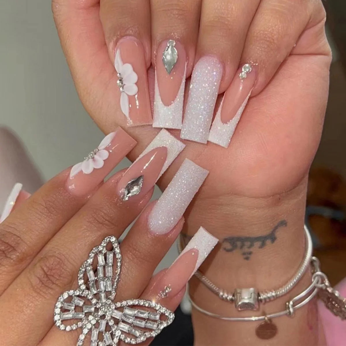 🐻 24pcs Extra Long Square Press-On Nails – 3D Bear & Bow with White French Tips