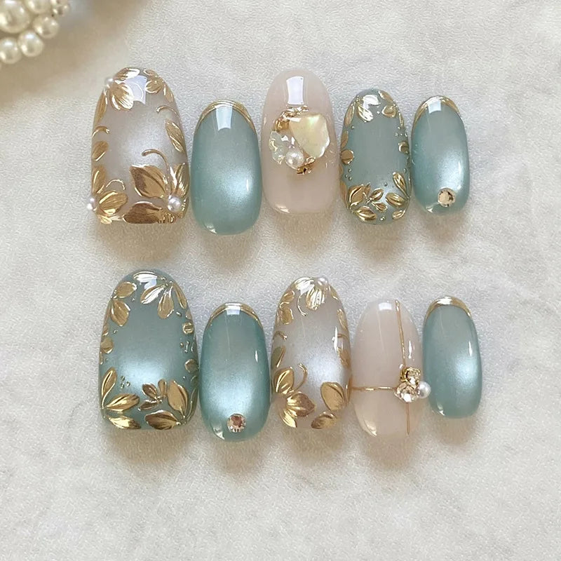 🌸 24pcs Pink Almond Press-On Nails – Sweet Summer Floral with Pearls