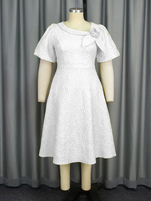 Jacquard Women’s Elegant A-Line Dress – Puff Sleeve 3D Flower Dress