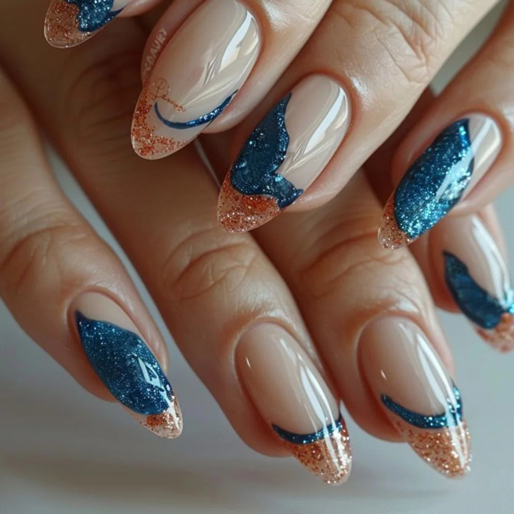 ⭐ 24pcs Simple French Almond Press-On Nails – Chic Stars & Easy Style