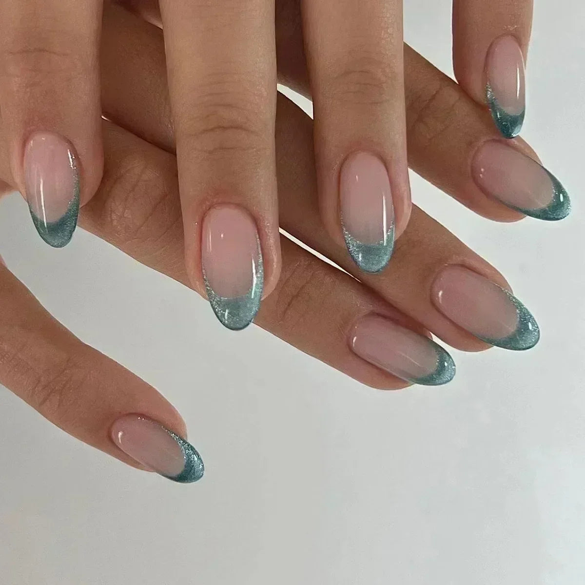 💗 24pcs French Almond Press-On Nails – White Edge with INS Pink Style