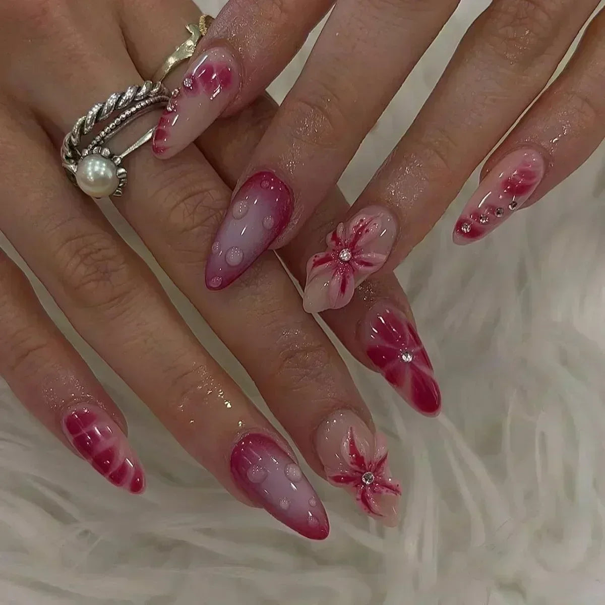 🌸 24pcs Pink Almond Press-On Nails – Sweet Summer Floral with Pearls