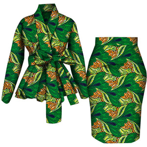 🌺 African Women Top & Skirt Set – Long Sleeve Ankara Print Suit (WY10871)