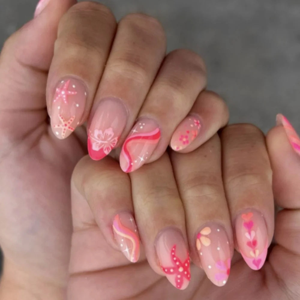 🌊 24pcs Cute Ocean Creature Press-On Nails – Yellow French Tip with Floral Fun