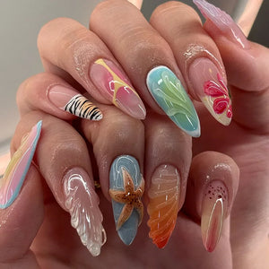 🌊 24pcs Cute Ocean Creature Press-On Nails – Yellow French Tip with Floral Fun