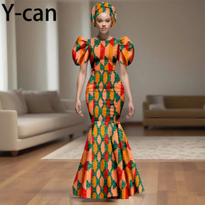 💃 African Party Dress for Women – Puff Sleeve Mermaid Dress with Headwrap (2525142)