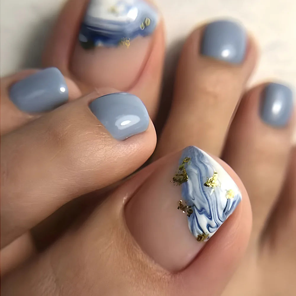 🦋 24pcs Butterfly Design Press-On Toe Nails – Short French Style with Rhinestones
