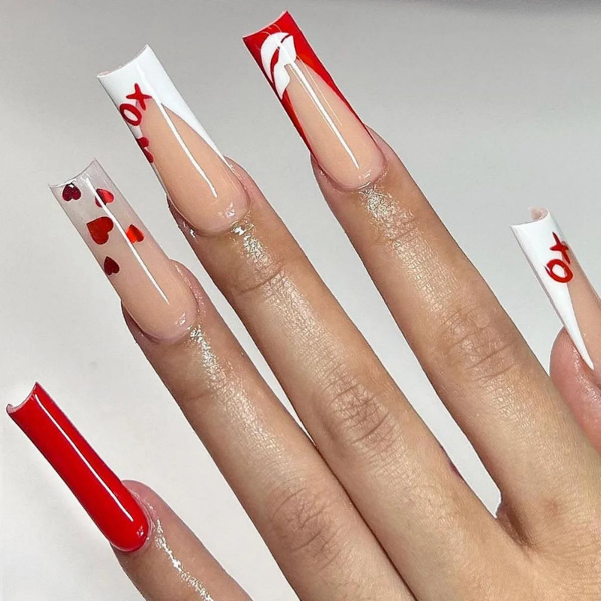🐻 24pcs Extra Long Square Press-On Nails – 3D Bear & Bow with White French Tips