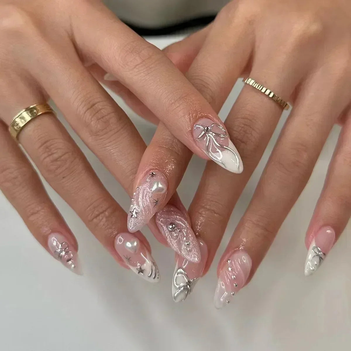 🌸 24pcs Pink Almond Press-On Nails – Sweet Summer Floral with Pearls