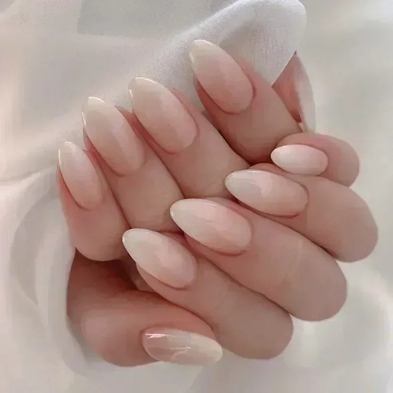 💗 24pcs French Almond Press-On Nails – White Edge with INS Pink Style
