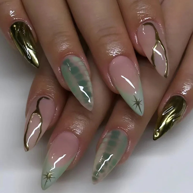 ⭐ 24pcs Simple French Almond Press-On Nails – Chic Stars & Easy Style