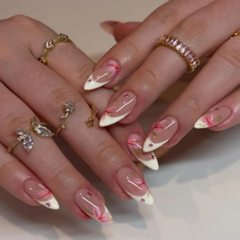 🎀 24pcs French Almond Press-On Nails – Elegant Golden Bow Design
