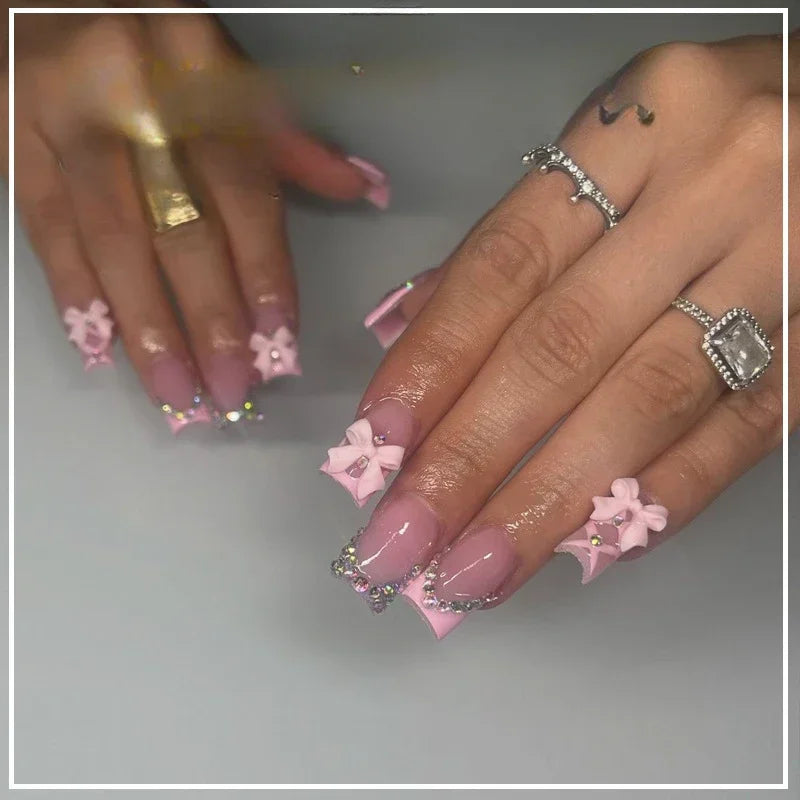🖤 24pcs Short Almond Press-On Nails – Black Bowknot & White Pearl French Tips
