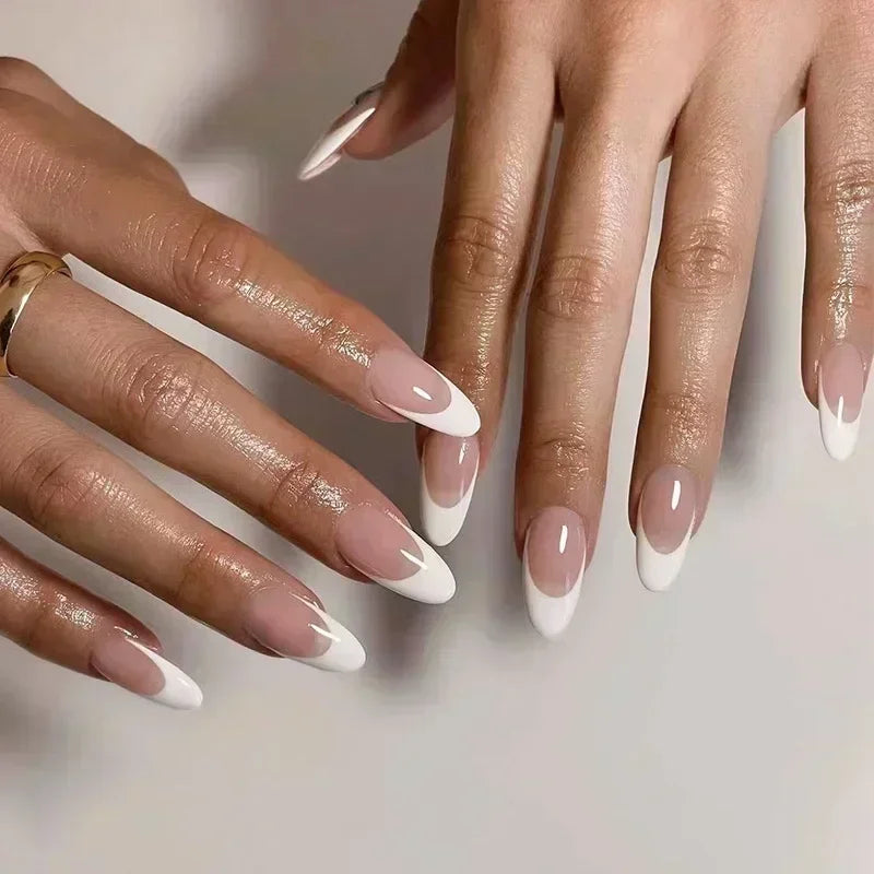 💗 24pcs French Almond Press-On Nails – White Edge with INS Pink Style
