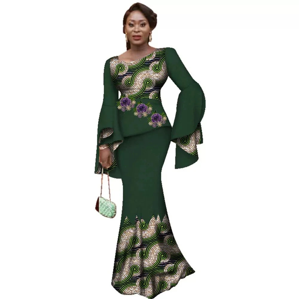 🔥 SALE! African Women Luxury Skirt Set – Flare Sleeve Top & Slim Maxi Skirt