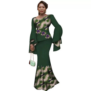 🔥 SALE! African Women Luxury Skirt Set – Flare Sleeve Top & Slim Maxi Skirt