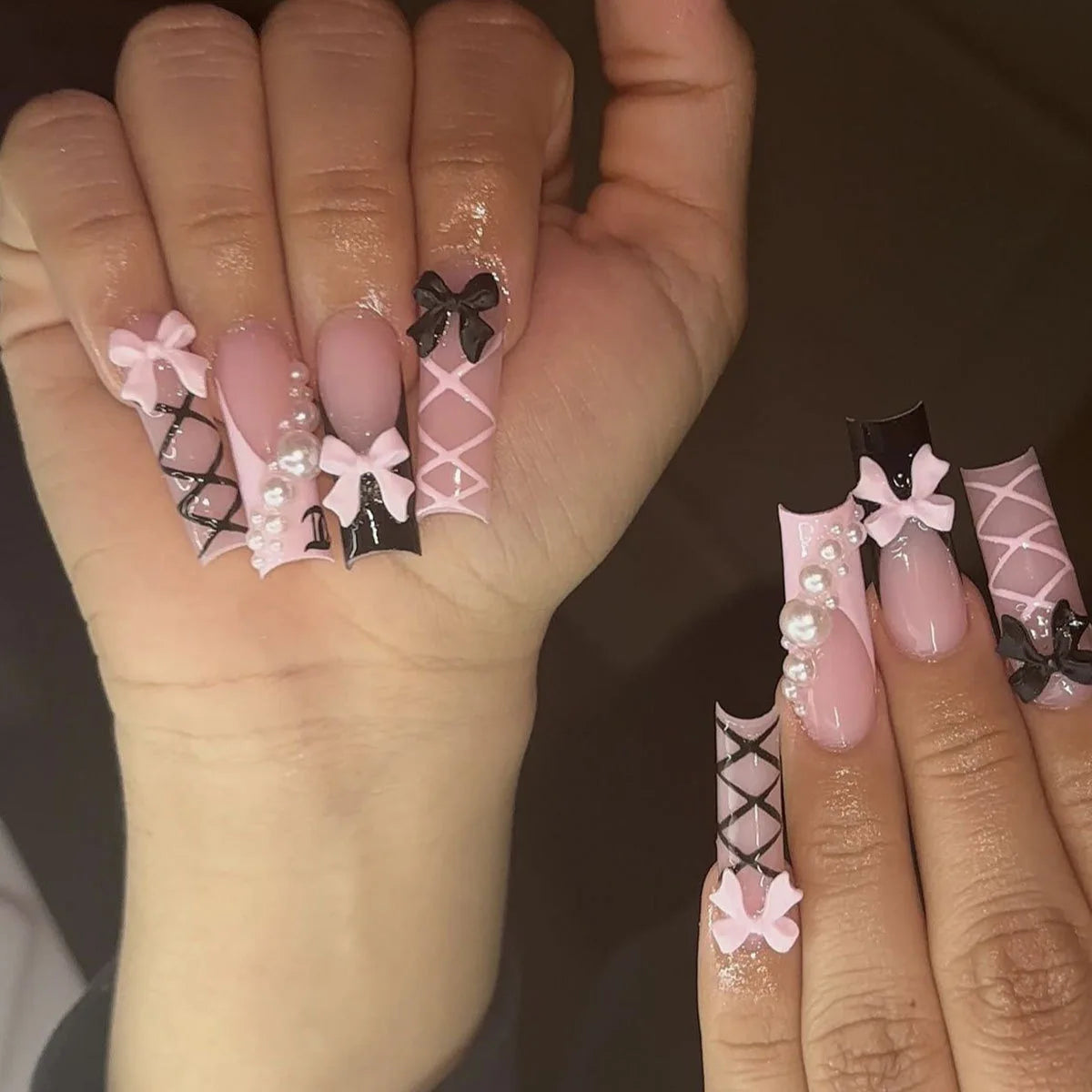 ✨ 24pcs Gold French Border Press-On Nails – Long Coffin Style with Rhinestones