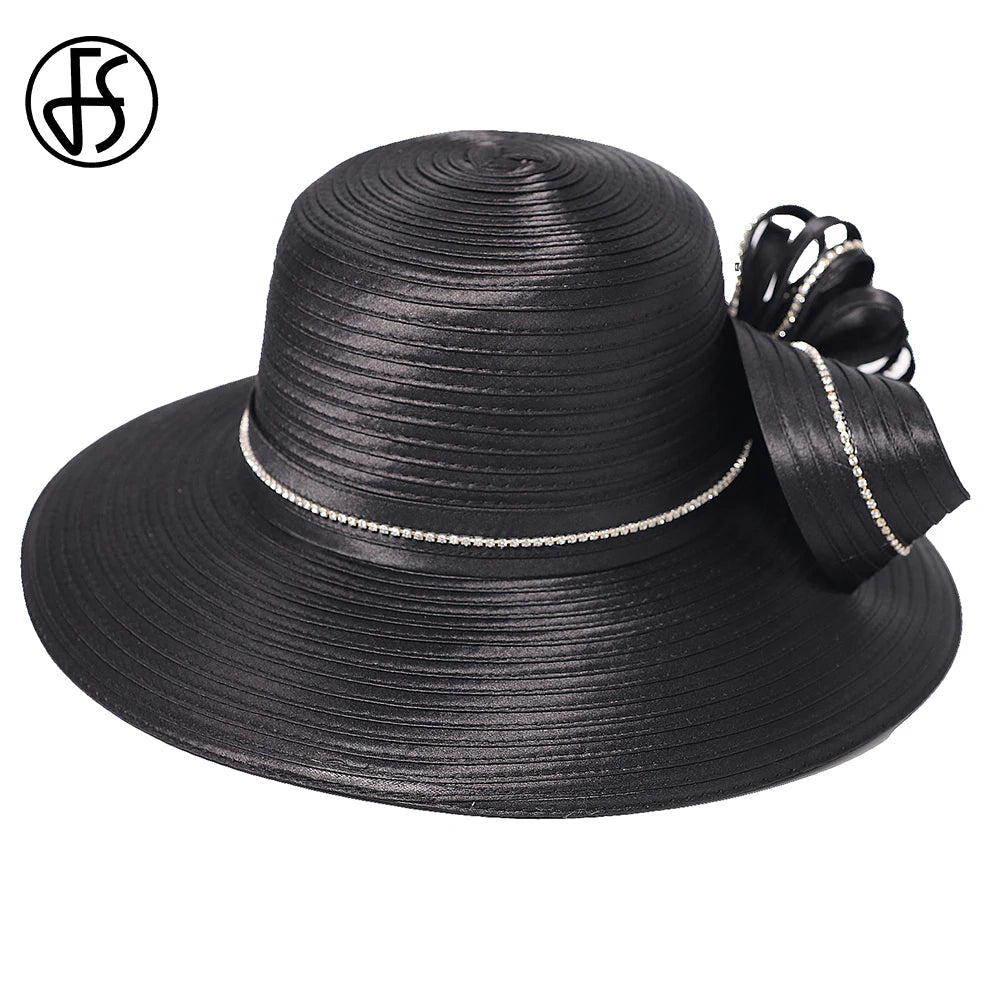 FS Elegant Black Hat Lady Formal Dress Fedora Church Cocktail Tea Party Derby Caps For Women Bow Flower Wide Brim Cloche Hats