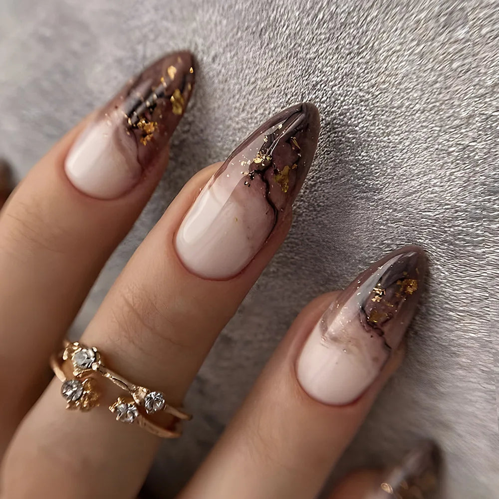 ⭐ 24pcs Simple French Almond Press-On Nails – Chic Stars & Easy Style