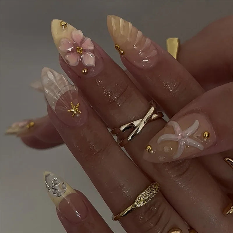🌞 24PCS Summer Colorful Press-On Nails – Almond Shape with 3D Flowers & Beach Art