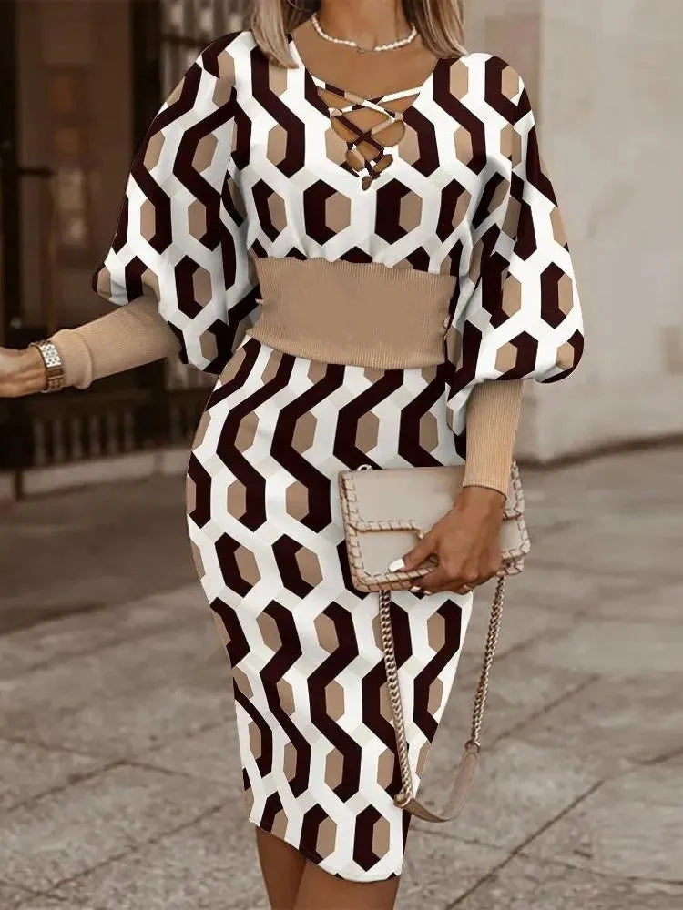 Elegant Long-Sleeved V-Neck Waist Dress for Women