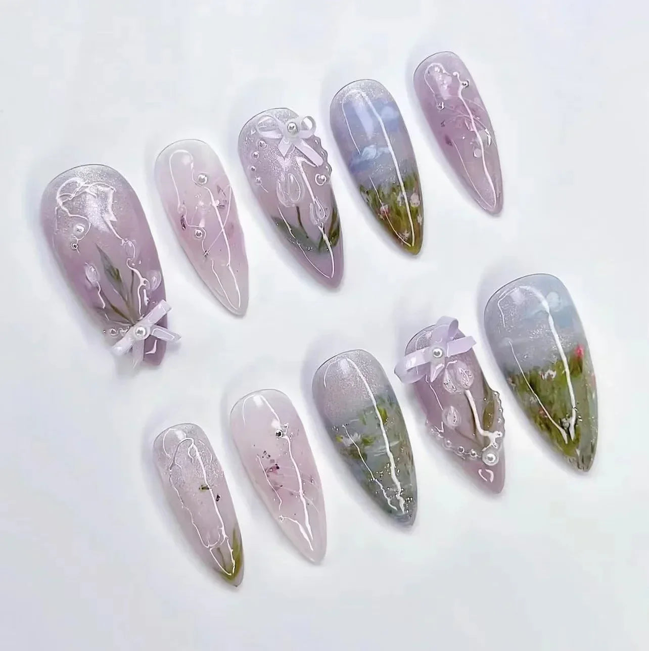 🌿 24pcs Flora Almond Press-On Nails – Mori Girl Ballet-Inspired Beauty
