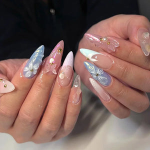 🎀 24pcs French Almond Press-On Nails – Elegant Golden Bow Design