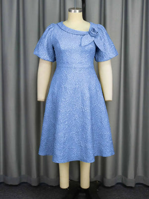 Jacquard Women’s Elegant A-Line Dress – Puff Sleeve 3D Flower Dress