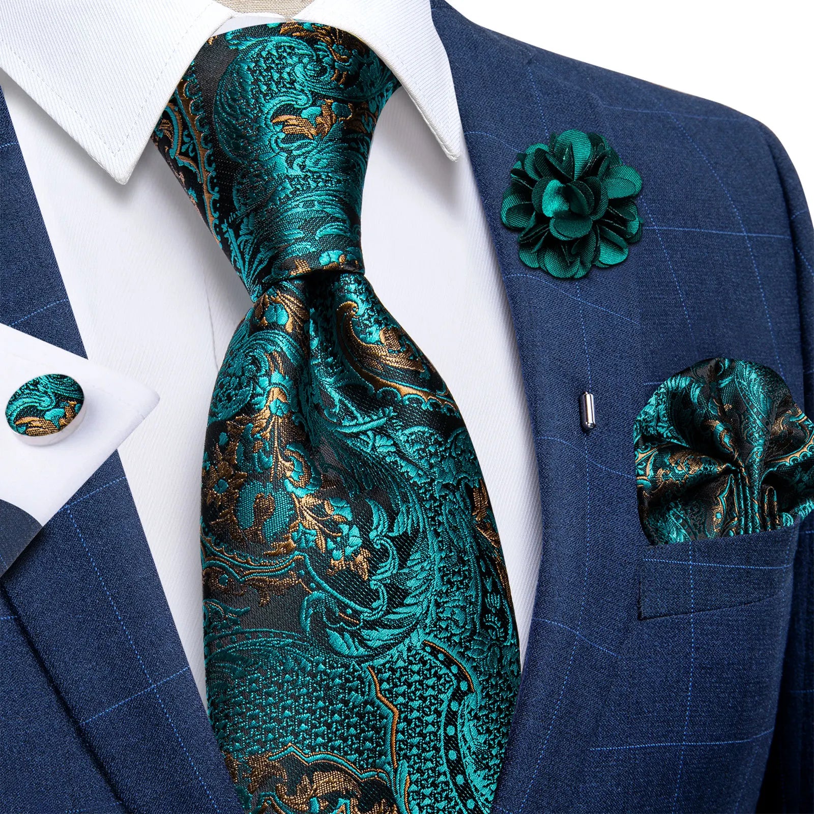 Blue Silver Paisley Neck Tie Set for Men