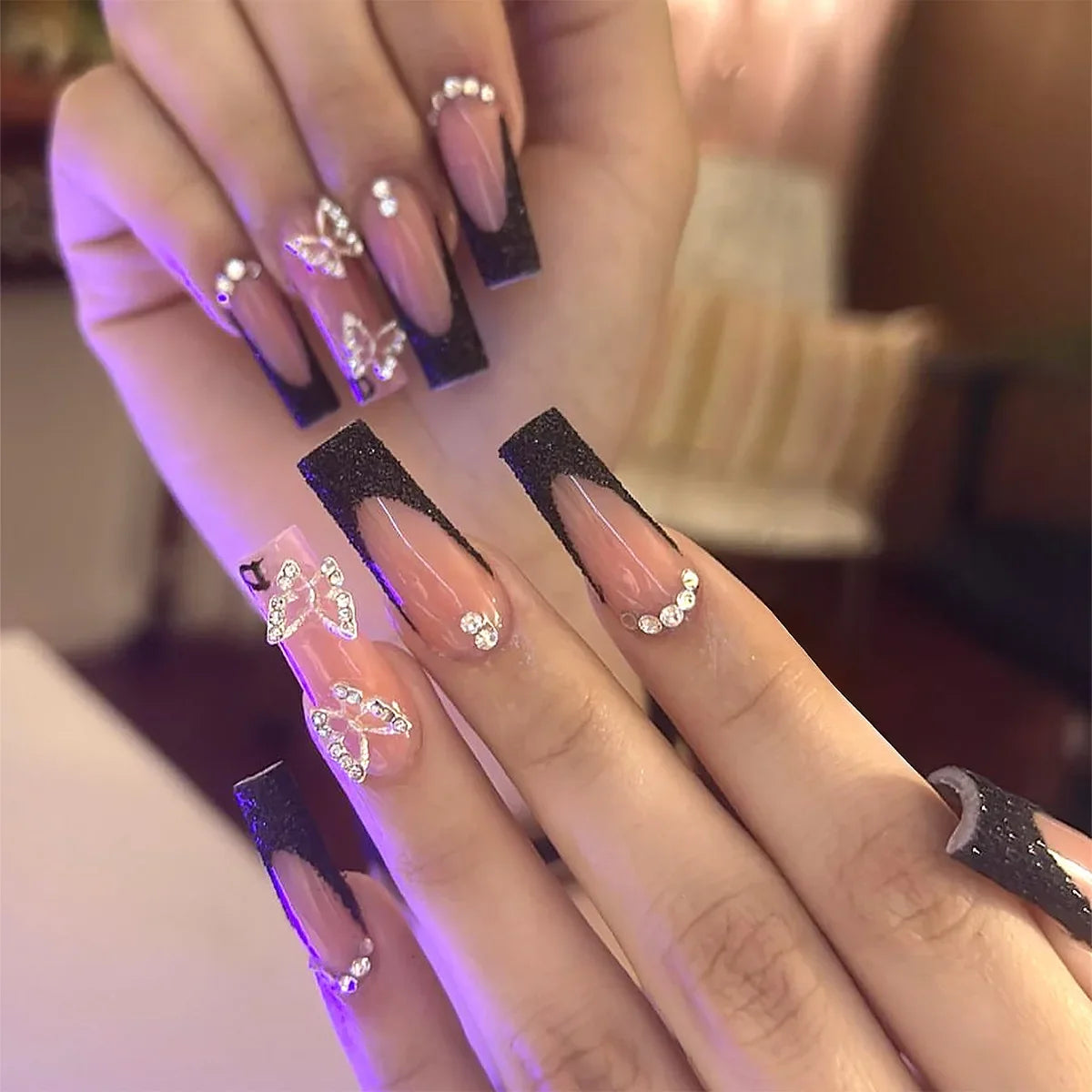 🐻 24pcs Extra Long Square Press-On Nails – 3D Bear & Bow with White French Tips