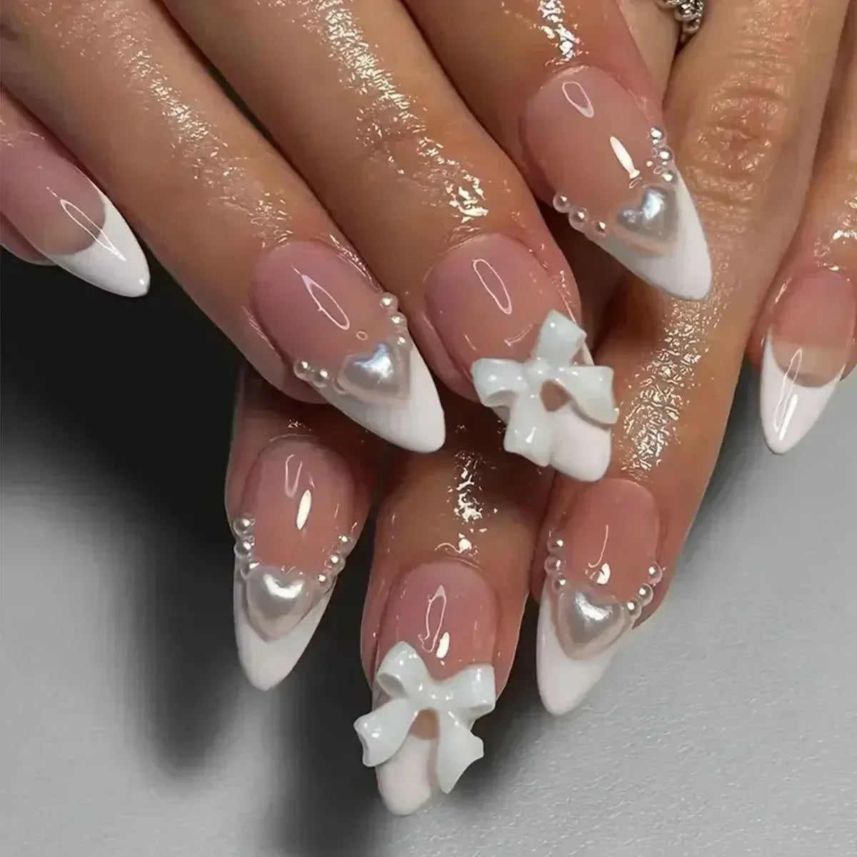 🖤 24pcs Short Almond Press-On Nails – Black Bowknot & White Pearl French Tips