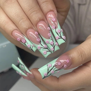 🐻 24pcs Extra Long Square Press-On Nails – 3D Bear & Bow with White French Tips