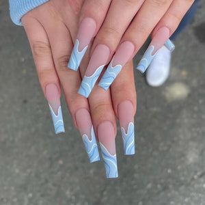 🐻 24pcs Extra Long Square Press-On Nails – 3D Bear & Bow with White French Tips