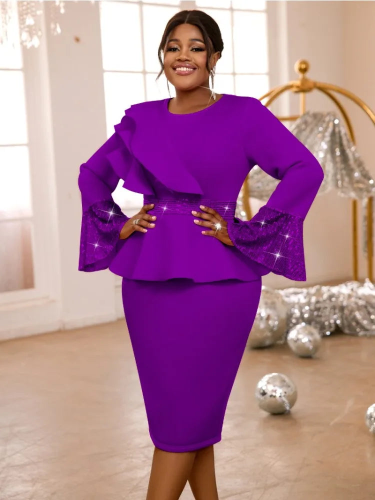 ✨ Elegant Church & Party Dress for Women – Ruffled Long Sleeve Sequined Robe