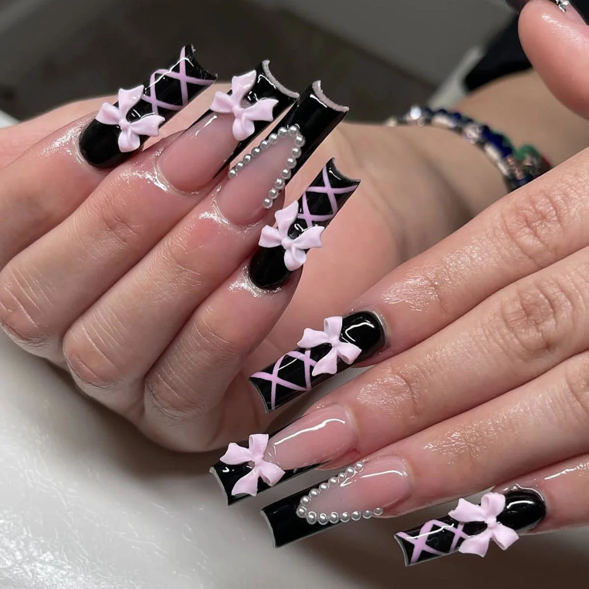 ✨ 24pcs Gold French Border Press-On Nails – Long Coffin Style with Rhinestones