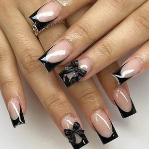 🖤 24pcs Short Almond Press-On Nails – Black Bowknot & White Pearl French Tips