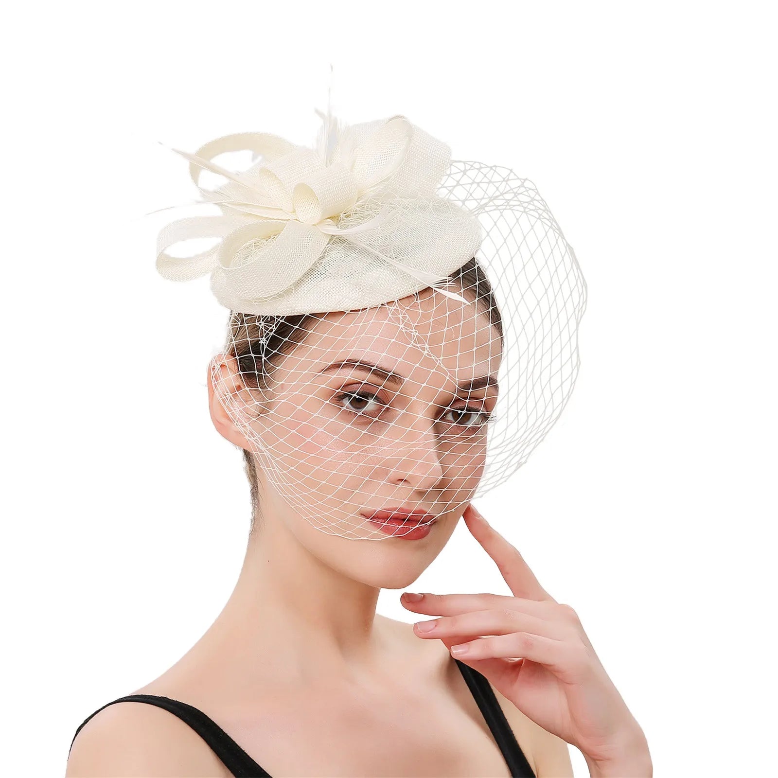 New Fascinator Pillbox Hat with Veil, Mesh Lace & Feathers – Elegant Headband Style for Women