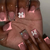 💎 24pcs Duckbill French Press-On Nails – Glitter, Rhinestones & Floral Charm