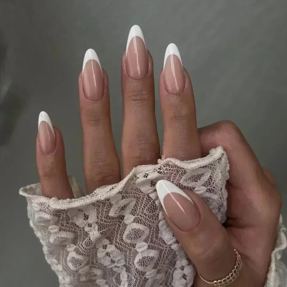 💗 24pcs French Almond Press-On Nails – White Edge with INS Pink Style