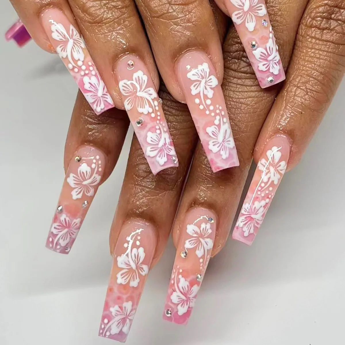 🐻 24pcs Extra Long Square Press-On Nails – 3D Bear & Bow with White French Tips