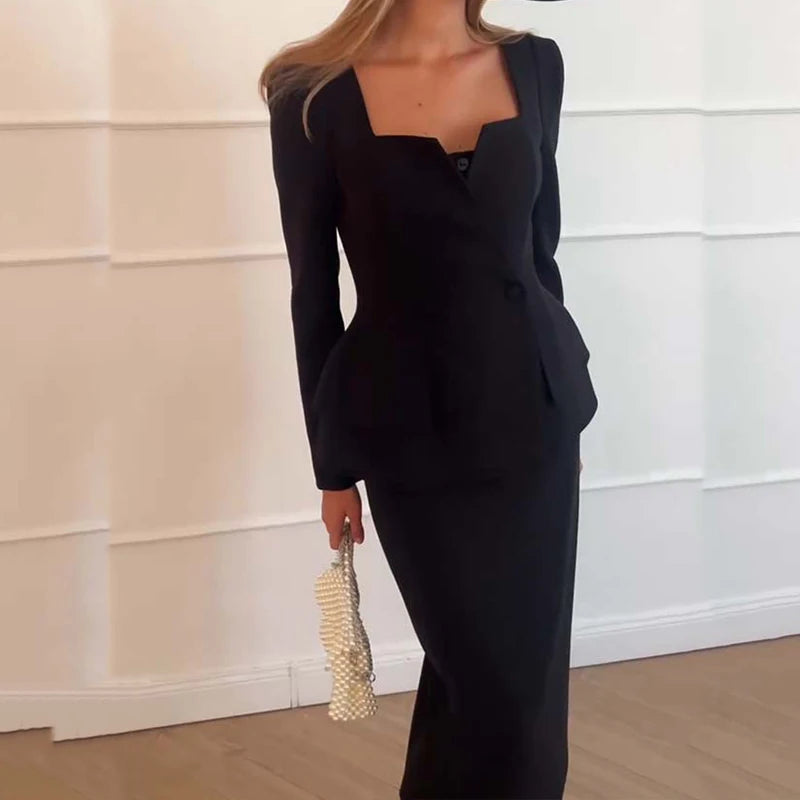 ✨ 2024 Elegant Women’s 2-Piece Blazer & Long Skirt Suit – Chic Work Outfit