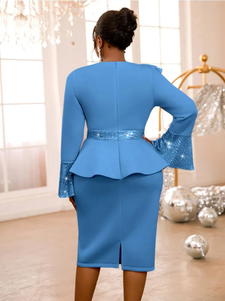 ✨ Elegant Church & Party Dress for Women – Ruffled Long Sleeve Sequined Robe