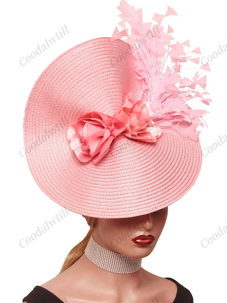 🎩 Big Derby Race Fascinator Hat – Elegant Pillbox with Flowers & Feathers