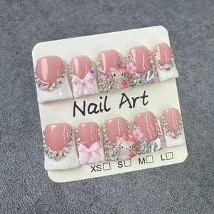 🎀 10pcs Sweet Short Press-On Nails – Bow & Cute KT Cat with Duck French Tips