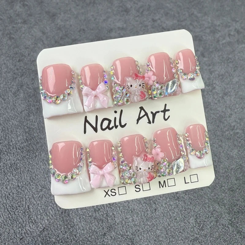 🎀 10pcs Sweet Short Press-On Nails – Bow & Cute KT Cat with Duck French Tips